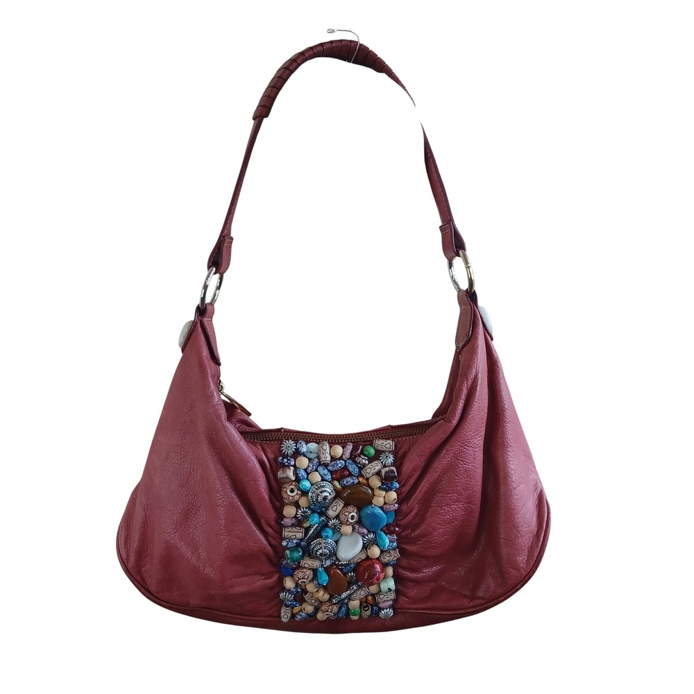 Kate Landry Pink Leather Beaded Hobo Shoulder Bag Bohemian Slouchy Bead Accent